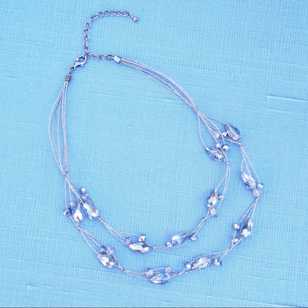 Silver Cord Multi-Strand Necklace With Silver Foil Crystal Beads